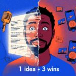 Digital marketer turning one blog into podcast and short-form videos with vibrant visuals and glowing icons.