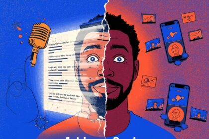 Digital marketer turning one blog into podcast and short-form videos with vibrant visuals and glowing icons.