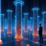 Digital marketer standing in front of futuristic data pillars symbolizing SEO structure and UX design.