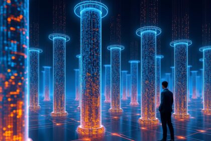Digital marketer standing in front of futuristic data pillars symbolizing SEO structure and UX design.