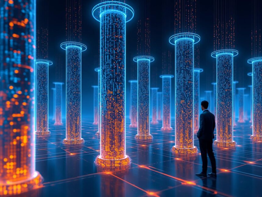Digital marketer standing in front of futuristic data pillars symbolizing SEO structure and UX design.