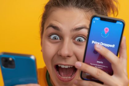 Shopper reacts to a price drop alert on smartphone.