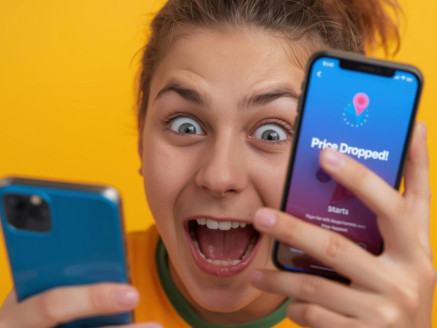 Shopper reacts to a price drop alert on smartphone.