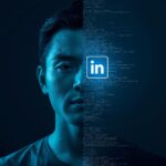 Professional face with curiosity, bright LinkedIn logo overlay, text “Rank on LinkedIn.”