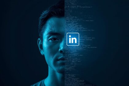 Professional face with curiosity, bright LinkedIn logo overlay, text “Rank on LinkedIn.”
