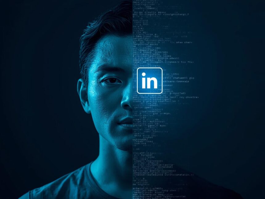 Professional face with curiosity, bright LinkedIn logo overlay, text “Rank on LinkedIn.”