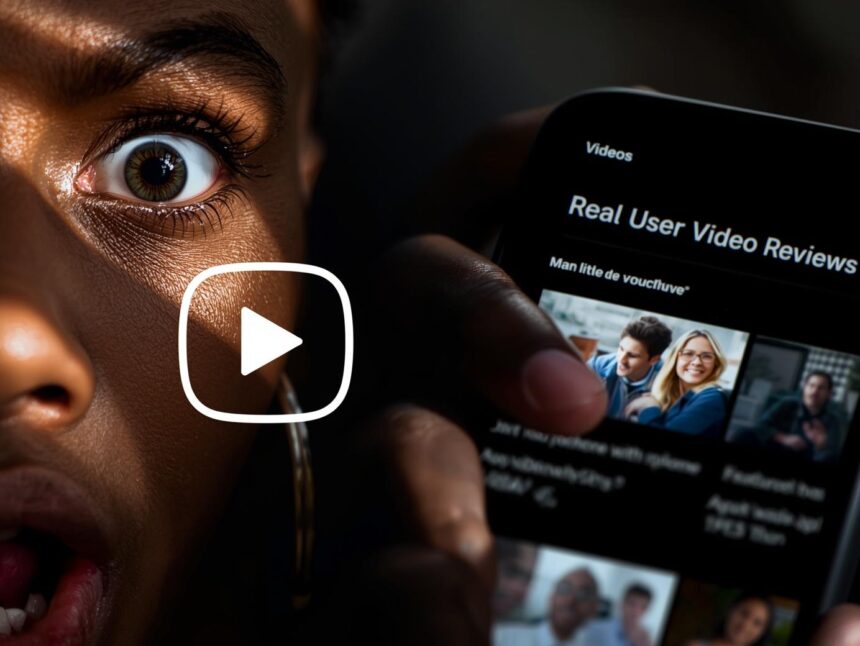 A viewer watching a customer video review on smartphone