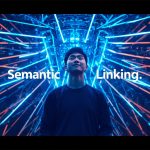 Person amazed by digital knowledge hub with semantic bridges glowing in neon light.