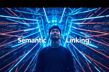 Person amazed by digital knowledge hub with semantic bridges glowing in neon light.