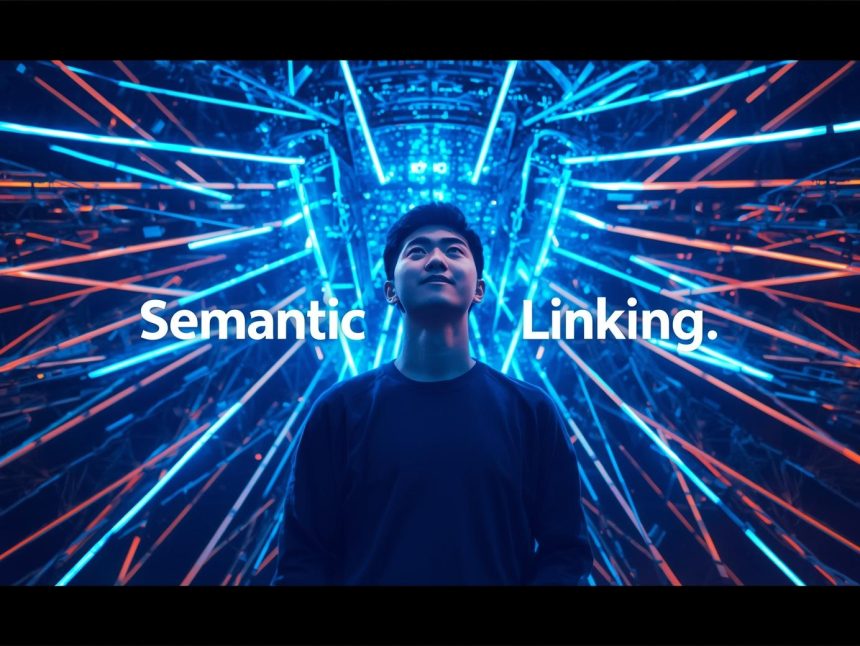 Person amazed by digital knowledge hub with semantic bridges glowing in neon light.