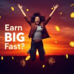 Excited creator leaping with joy against a vibrant sunset gradient, surrounded by bursting digital coins in high contrast, evoking the thrill of affiliate marketing success.