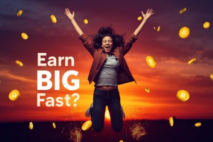 Excited creator leaping with joy against a vibrant sunset gradient, surrounded by bursting digital coins in high contrast, evoking the thrill of affiliate marketing success.