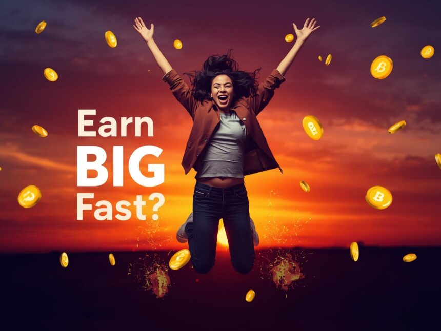 Excited creator leaping with joy against a vibrant sunset gradient, surrounded by bursting digital coins in high contrast, evoking the thrill of affiliate marketing success.