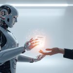 Human and AI handshake glowing with digital trust signals.