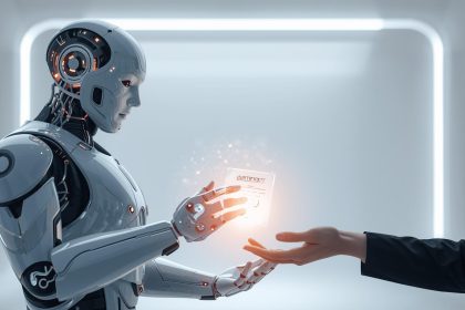 Human and AI handshake glowing with digital trust signals.