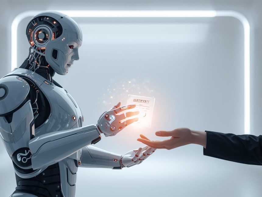 Human and AI handshake glowing with digital trust signals.