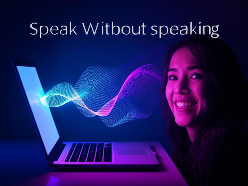 AI-generated voiceover emerging from a laptop screen without a microphone