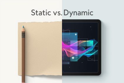 Marketer comparing traditional whitepaper with interactive digital report on laptop.