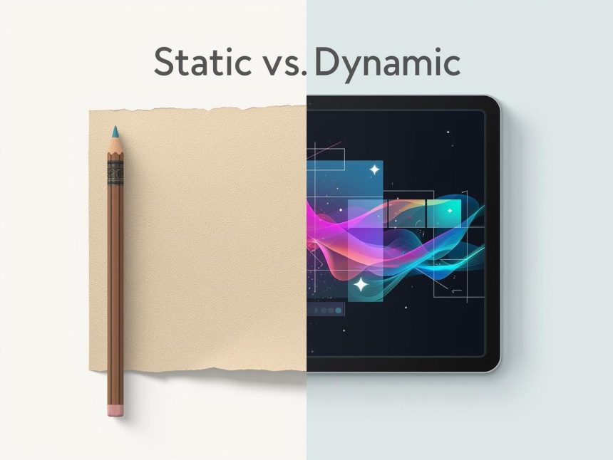 Marketer comparing traditional whitepaper with interactive digital report on laptop.