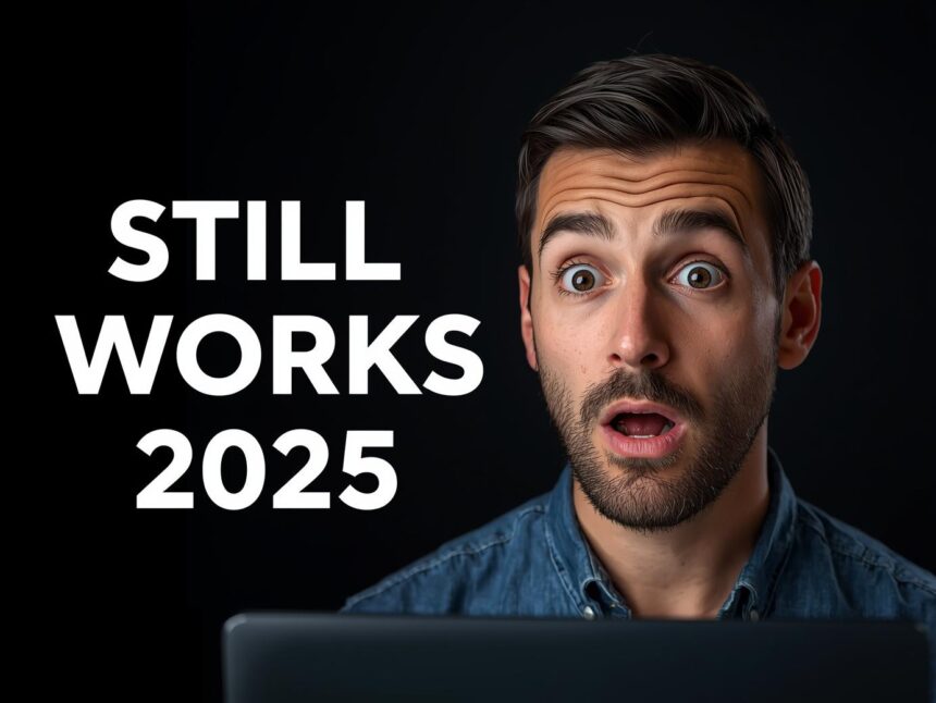 Surprised marketer illuminated by screen with text ‘Still Works 2025.