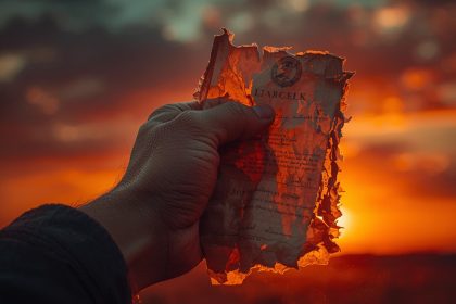 Clock against fiery sky with fading document — sunset clause concept