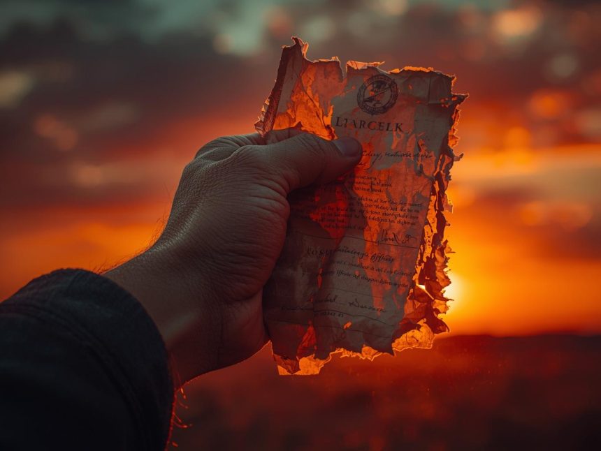 Clock against fiery sky with fading document — sunset clause concept