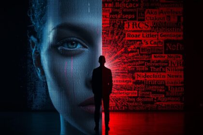 A person’s face split into real and digital halves, symbolizing deepfake identity risk.