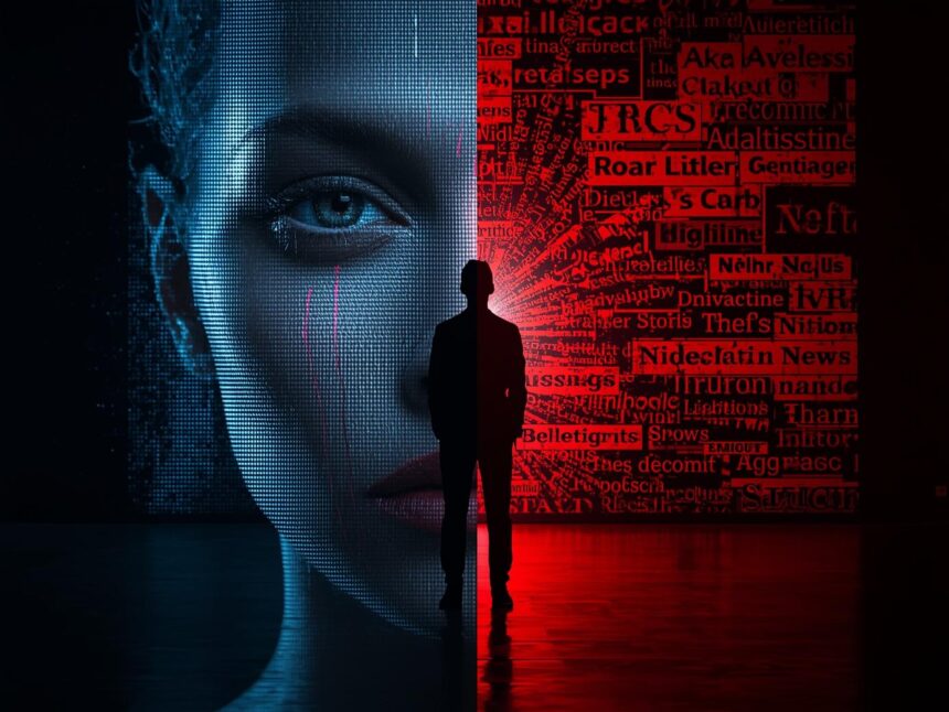 A person’s face split into real and digital halves, symbolizing deepfake identity risk.