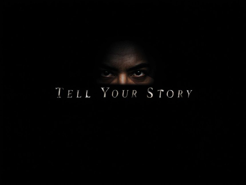 Face illuminated in darkness, text “Tell Your Story”