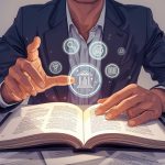 Designer turning text blocks into colorful visuals on screen.