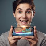 Customer using AR shopping and virtual try-on technology on a smartphone to visualize products before purchase.