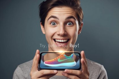 Customer using AR shopping and virtual try-on technology on a smartphone to visualize products before purchase.