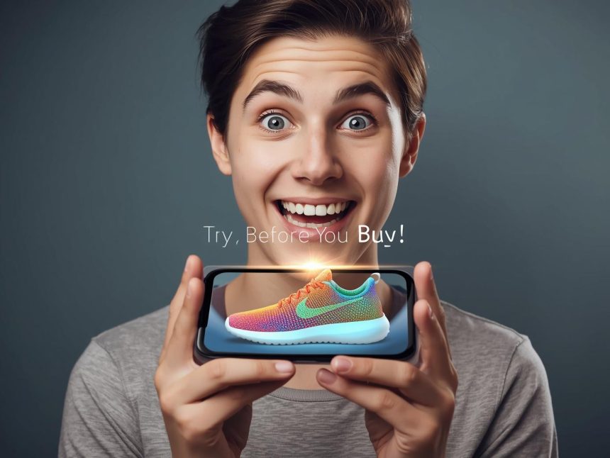 Customer using AR shopping and virtual try-on technology on a smartphone to visualize products before purchase.