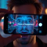 Customer experiencing a WebAR marketing campaign through a smartphone, amazed by interactive 3D visuals.