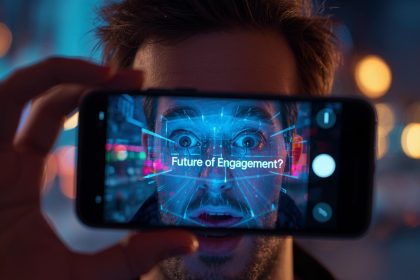 Customer experiencing a WebAR marketing campaign through a smartphone, amazed by interactive 3D visuals.