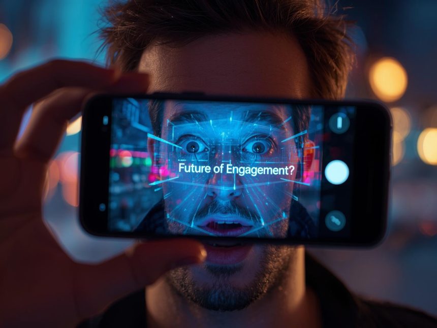 Customer experiencing a WebAR marketing campaign through a smartphone, amazed by interactive 3D visuals.