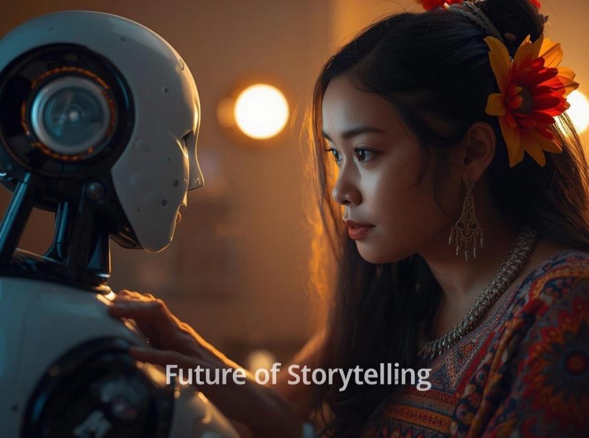 Marketer collaborating with AI to design creative, data-driven digital storytelling campaigns.