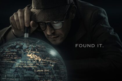 A digital detective analyzing a glowing keyword through a magnifying glass amid a dark digital background, symbolizing the discovery of untapped SEO opportunities.