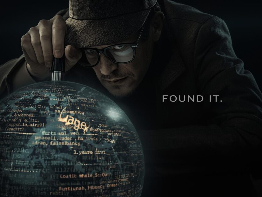 A digital detective analyzing a glowing keyword through a magnifying glass amid a dark digital background, symbolizing the discovery of untapped SEO opportunities.
