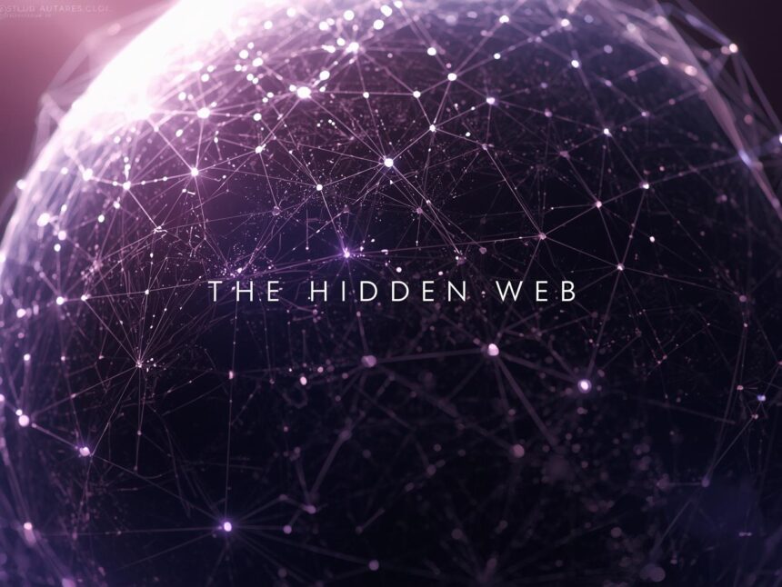 A glowing digital web partially covered in shadow with faint message icons and private chat bubbles traveling across hidden network lines, symbolizing invisible social sharing.