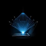 Infographic hovering above a laptop, attracting backlinks like magnetic beams from all directions.