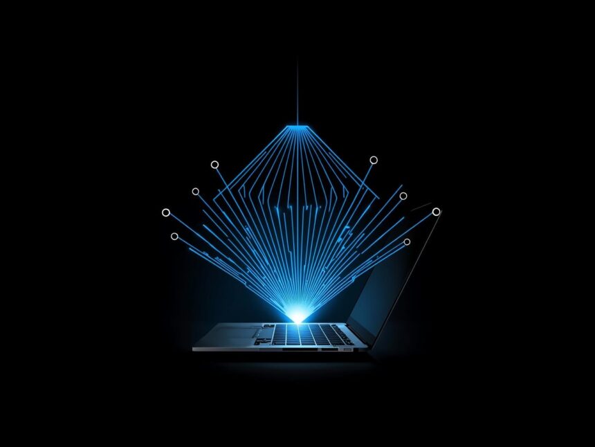Infographic hovering above a laptop, attracting backlinks like magnetic beams from all directions.