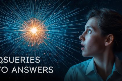 A person looks at a glowing digital network of interconnected nodes and lines, representing a topic cluster and its links for search engine optimization.