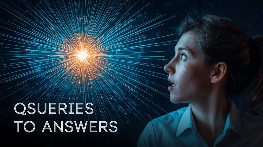 A person looks at a glowing digital network of interconnected nodes and lines, representing a topic cluster and its links for search engine optimization.