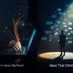 A marketer surrounded by glowing digital threads symbolizing micro-essays spreading online.