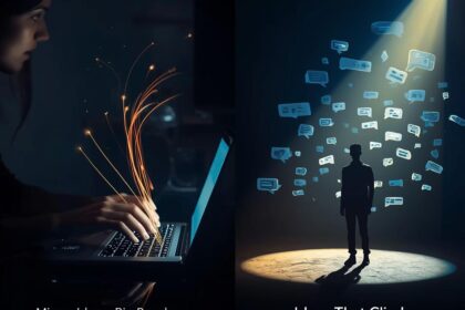 A marketer surrounded by glowing digital threads symbolizing micro-essays spreading online.