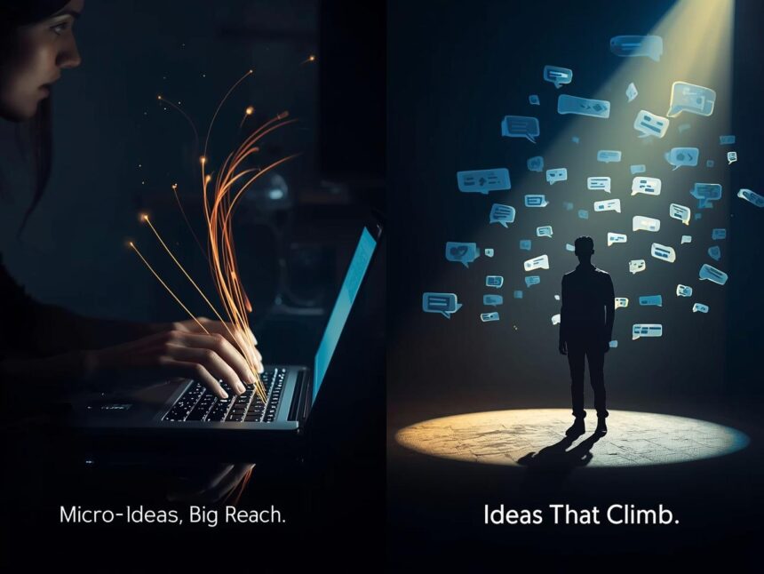 A marketer surrounded by glowing digital threads symbolizing micro-essays spreading online.