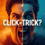 Dynamic split-screen with a surprised creator's face beside a static object, in fiery orange and deep blue hues, with text "Click Trick?" evoking intrigue.