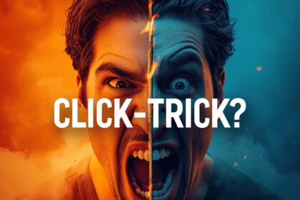 Dynamic split-screen with a surprised creator's face beside a static object, in fiery orange and deep blue hues, with text "Click Trick?" evoking intrigue.