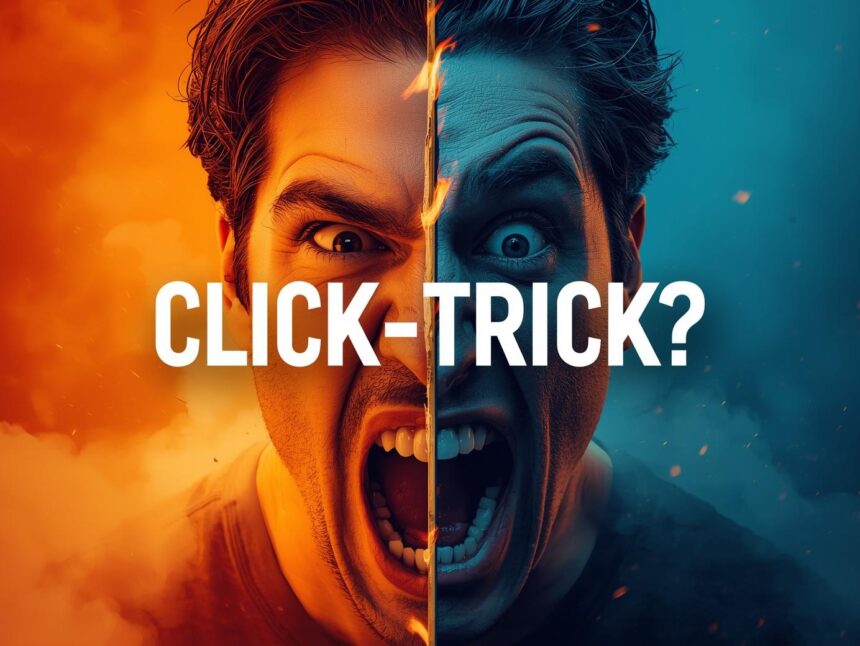 Dynamic split-screen with a surprised creator's face beside a static object, in fiery orange and deep blue hues, with text "Click Trick?" evoking intrigue.